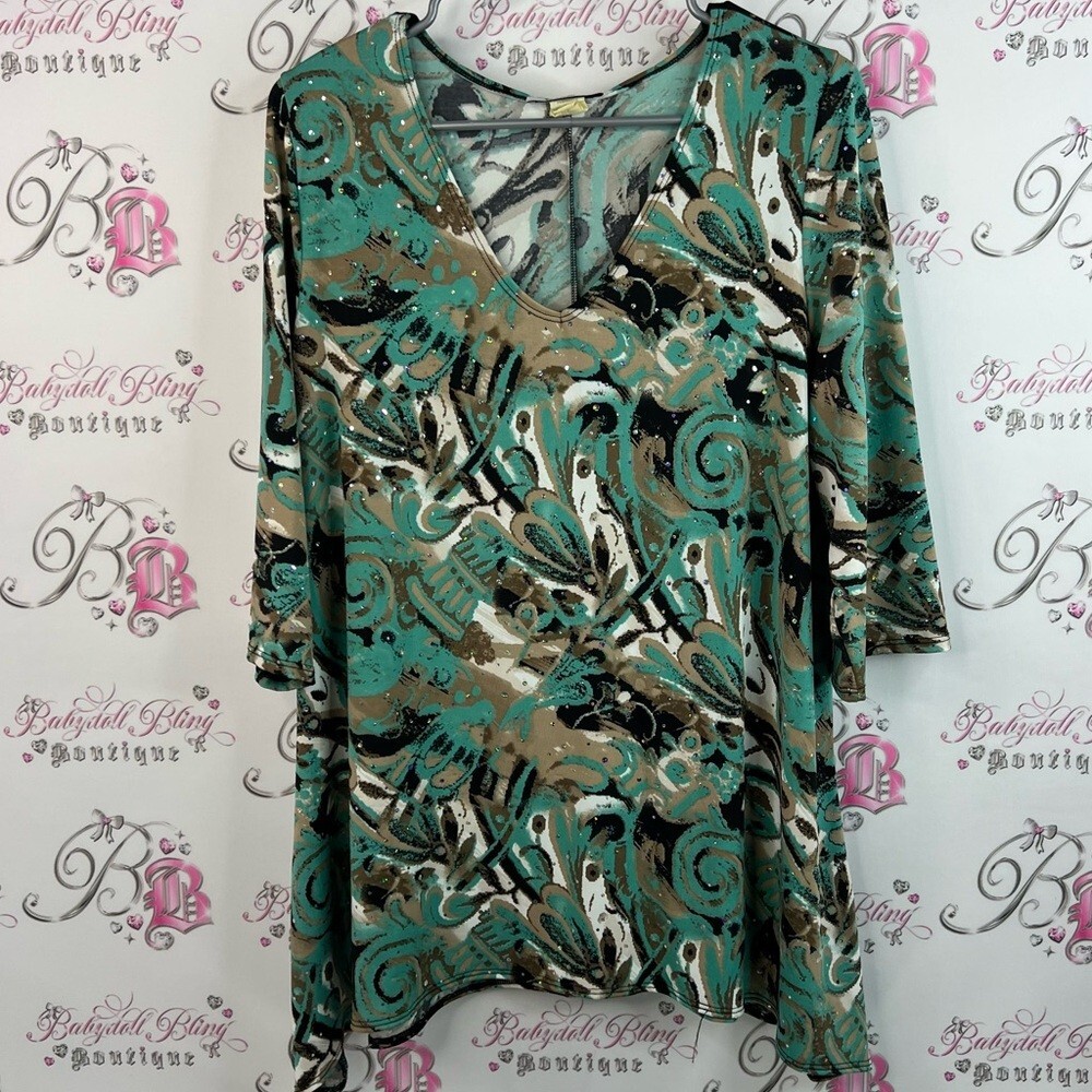 Only 9 top asymmetrical hem holographic dots Stylish Green and Brown Women's Top